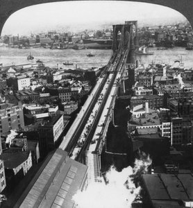 19世紀後半または20世紀初頭のニューヨーク市ブルックリン橋。 作： Underwood and Underwood