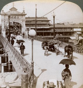 Looking west over the Kamo River Kamogawa at Shijo bridge, Kyoto, Japan, 1904.