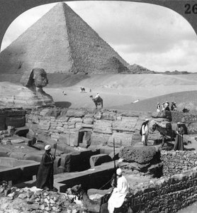 花崗岩の寺院、スフィンクスと大ピラミッド、エジプトの遺跡、1905年。 作： Underwood and Underwood