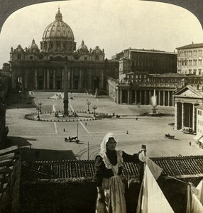 サンピエトロ広場、バシリカ、バチカン、ローマ、イタリア。 作： Underwood and Underwood
