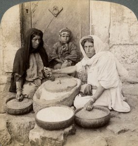 1900年にパレスチナの工場で粉砕する女性。