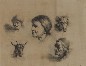 頭--3人の人間、2匹の動物 作： Unidentified