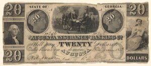 ジョージア州オーガスタのオーガスタ保険銀行が 1858 年に発行した 20 ドル紙幣で、スチュアート (?) にちなんでワシントン州トランブルにちなんだ独立宣言が刻印されています。 作： Unknown