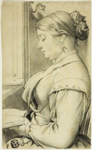 オペラ座の窓辺で読書する女性（左横顔）の半身像 作： Unknown