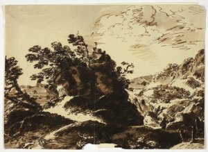前景に人物がいる丘陵の風景 作： Unknown