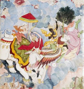 鳥神ガルーダに乗ったクリシュナが、象に乗ったインドラと戦う、ハリヴァムサ写本、1590年頃 作： Unknown
