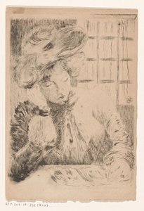 テーブルの後ろで本を読む女性 作： Unknown