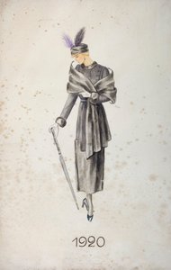 コートと羽付きの帽子を着て、傘を持ったモデル（1920年 作： Unknown