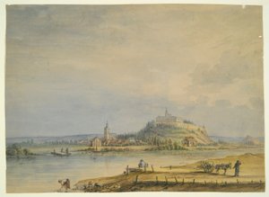 町のある川の風景、丘の上の城、働く農民 作： Unknown