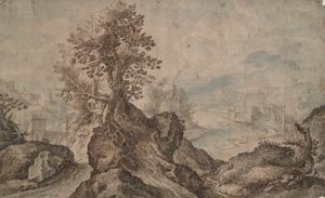 遠くに都市がある岩の多い風景 作： Unknown