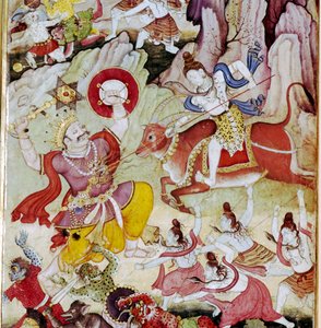 悪魔アンドハカを滅ぼすシヴァ、ハリヴァムサ写本、ムグル、1590年頃 作： Unknown