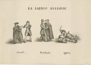 1828年、オランダ政府に対してローマ・カトリック党と自由党の間で結ばれた同盟についての風刺画 La Sainte Alliance (オブジェクトのタイトル) 作： Unknown
