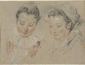 二人の女の子の頭の勉強シート、右は麦わら帽子 作： Unknown