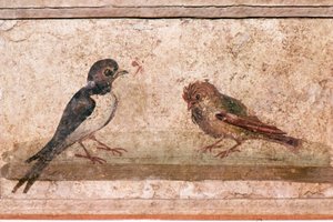 ツバメとスズメ ポンペイ近郊ボスコレアーレのローマ時代の壁画、1世紀
