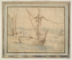 丘陵風景の中の 3 隻のボート 作： Unknown