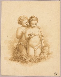 2 人の子供、1 つは鳥と一緒に巣を保持 作： Unknown