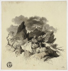 遠くに火山の噴火を伴う山の激しい嵐 作： Unknown