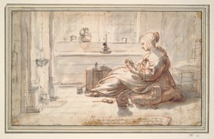 人形の世話をする若い女性 作： Unknown