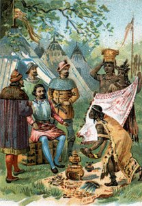1518年-1519年：フェルナン・コルテスがモンテスマ皇帝の紹介を受けてメキシコ征服に出発。 作： Unknown artist