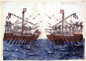 16世紀、インド洋での海賊船との遭遇を描いた版画。ローマのビブリオテカ・カサンテンセ。 作： Unknown artist