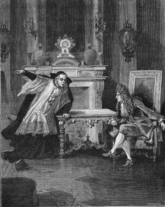1715年：イエズス会の告解者であるミシェル・ル・テリエ神父（1643-1719）の言葉を聞くフランス王ルイ14世（1638-1715）。19世紀のエングレーヴィング。ジュール・ミシュレ著『フランス史』より