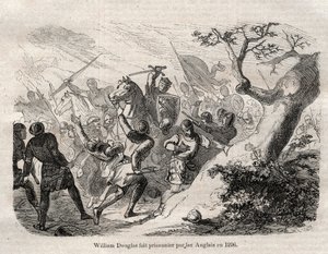 1296年、ダグラス家の領主であるサー・ウィリアム・ダグラス（1243 - 1298）の逮捕 - 1864年、Joseph DecembreとEdmond Allonierによる「Dictionnaire populaire illustrious」誌の刻印。 作： Unknown artist
