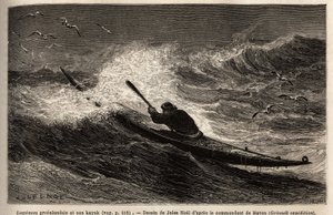 グリーンランドのカヤック、波の壁を通過する。1860年から1862年にかけてアメリカ海軍の外科医ヘイズ博士が行った北極圏の自由海への航海を説明するためのエングレーヴィング。