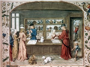 15世紀のパリ、B.N.「Le lapidaire de Jean (Jehan) de Mandeville (1300-1372)」に登場するミニチュアの宝石店。 作： Unknown artist