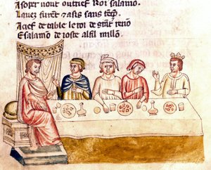 王と客の宴の場面 - 14世紀の写本「スペイン入国」(Ms.Franc.21)のミニチュア。ヴェネツィア、マルシアーナ図書館。 作： Unknown artist