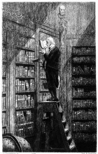 梯子の上で棚の上の本を調べるブリブリオテークア。19世紀に描かれた版画 作： Unknown artist