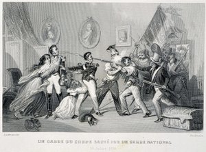 ボディーガードが国民衛兵に救われる（1830年7月29日） - "Fasttes de Gardes nationales de France "にて 作： Unknown artist