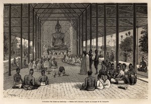 カンボジア、アンコール周辺の寺院で行われたボンズの叙任式。ヴァイスソー中尉フランシス・ガルニエが1866年から1868年にかけて行ったインドシナ探険航海を説明するための版画で、1870年から1871年に出版された「Le tour du monde」に掲載されています。 作： Unknown artist