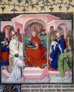 教皇クレメンス5世（1264-1314）が主宰する評議会（フィリップ・ザ・ベルと思われる王が出席している）。ヘイトン（HaitonまたはHethoun）作の「La Fleur des histoires de la terre d