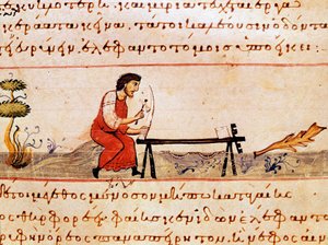 象牙を加工する職人。シリア（紀元3世紀）のオッピアン（Oppian or Oppianus）がカラカラに捧げた狩猟貿易のミニチュア「The Cynegetics」。11世紀のヴェネツィア。マルシアーナ図書館 作： Unknown artist