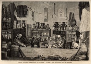 横浜での好奇心旺盛なビジネス。1863年から1864年にかけてスイス連邦公使アイム・アンベールが行った日本への航海を説明するためのエングレーヴィングで、1869年にエドゥアール・シャルトンが編集した「Le tour du monde」に掲載されています。セルバ・コレクション