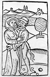 悪魔が魔女にキスをする。16世紀ドイツの木版画 作： Unknown artist