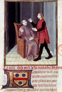 医者が患者の目を手術している様子 ミニチュア 「Histoire de la Medecine」からの引用 16世紀 パリ B.N. 作： Unknown artist