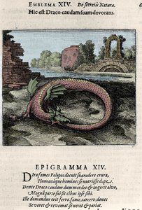 尻尾を叩く龍（またはオウロク（？Michel Maier（1568-1622）の錬金術の秘伝書「Atalanta fugiens hoc est Emblemata nova de secretis naturae chymica」から引用した図版。