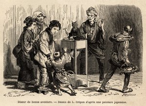 江戸の街の占い師。1863年から1864年にかけてスイス連邦公使アイム・アンベールが行った日本への旅を説明するための版画で、エドゥアール・シャルトンの指導のもと「le tour du monde」に掲載されたもの。 作： Unknown artist