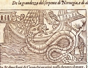 巨大な海蛇が船を襲い、乗組員を打ちのめす。スウェーデンの宗教家・地理学者であるオラウス・マグヌス（1490～1557）の版画「Historia de Gentis Septentrionalibus」（ヴェネツィア）。