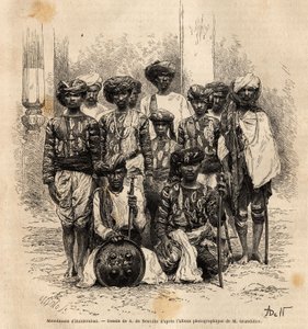 パキスタン、ハイデラバードのイスラム教徒の男性のグループ。アルフレッド・グランディディエが1862年から1864年に行ったインドの子午線地域での航海を説明するためのエングレーヴィングで、D