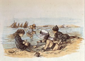 砂の上の水辺で遊ぶ子供たちのグループ。1881 作： Unknown artist