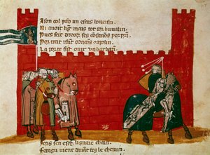 ミニチュア城を出る騎士の一団 「スペイン入国」より14世紀ヴェネツィア、ビブリオテカ・マルシアーナ 作： Unknown artist