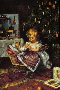 クリスマスツリーの下に人形と乳母車を発見した少女。19世紀 作： Unknown artist