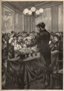 ナツメグの箱を使ってボールを出現させたり消したりするマジシャン。Adolphe BITARDの "Les arts et metiers illustres "に掲載された1885年のエングレーヴィング。 作： Unknown artist