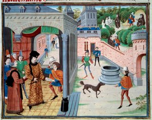使者。Loyset Liedet（1448年から1478年の間に活躍した人物）による写本「Renaud de Montauban」または「Les quatre fils Aymon」のミニチュア。Ms.5073。15世紀 パリ、アルセナル図書館
