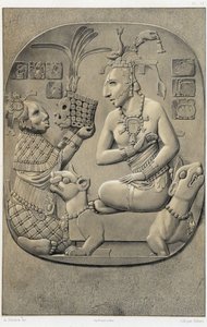 ソファーにしゃがんで、エチオピアの女性からお布施を受け取る女王-「メキシコの古代遺跡」にて。パレンケをはじめとするメキシコ古代文明の遺跡」（ブラッスール・ド・ブルブール著、パリ 作： Unknown artist