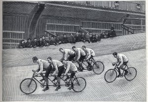 自転車競技場に設置されたトリプレットトレインに乗ったトレーナーと一緒に走る記録保持者のサイクリスト。"La Nature "のエングレービング 作： Unknown artist