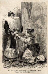 武士のトイレで、若いメイドが着物を結ぶのを手伝っている様子。1863年から1864年にかけて、スイス盟約者団の大臣アイム・アンベールが日本への航海を描いたもので、「Le tour du monde, nouveau journal des voyages」に掲載されている。 作： Unknown artist