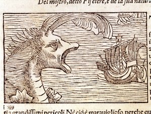 船を襲うマッコウクジラ(？)(physeter)。オラウス・マグヌス（1490〜1557）（スウェーデンの宗教家・地理学者）の版画、『Historia de Gentis Septentrionalibus』、ヴェネツィア 作： Unknown artist
